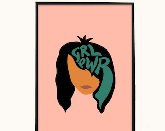 GRL PWR - Girl Power - Arte Feminista - Decoración - Arte de pared - Atrévete a ser diferente - Empoderamiento - Cabello Negro - Impresión A4 - Rosa - Quirky