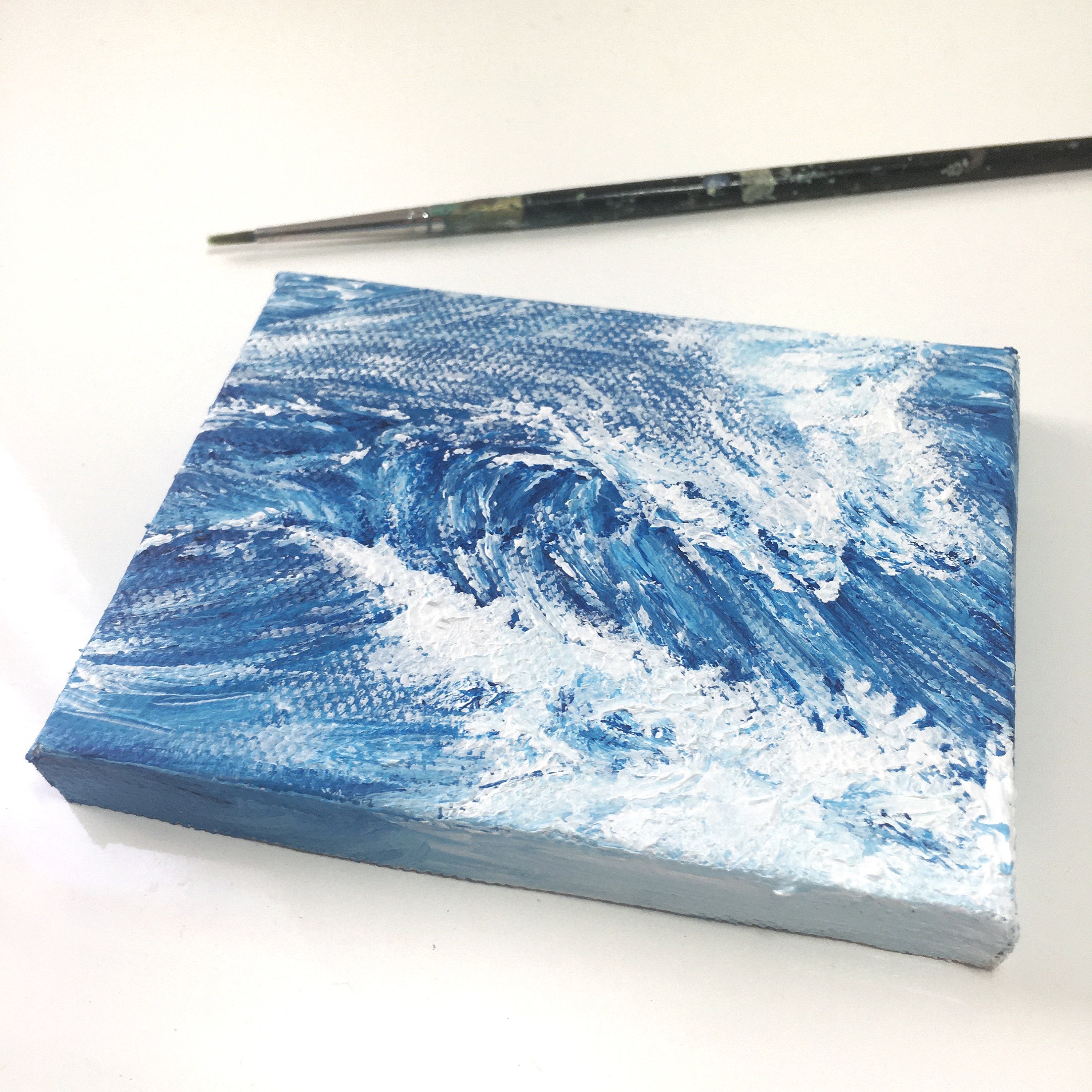 Ocean wave mini canvas painting 4×4 inches with mini easel