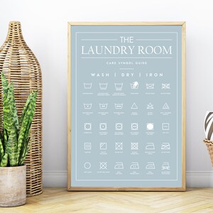 Peut inclure: Une affiche encadr&eacute;e sur fond bleu clair avec le texte blanc THE LAUNDRY ROOM CARE SYMBOL GUIDE. L'impression pr&eacute;sente une grille de diverses ic&ocirc;nes d'entretien du linge class&eacute;es sous les rubriques WASH, DRY et IRON.