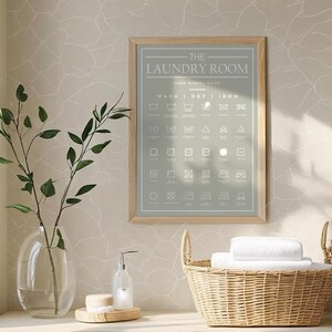 Peut inclure: Une affiche murale encadr&eacute;e intitul&eacute;e THE LAUNDRY ROOM pr&eacute;sentant un guide des symboles d'entretien en blanc sur fond vert sauge. L'affiche est dans un cadre en bois clair et affiche divers ic&ocirc;nes de lavage, s&eacute;chage et repassage en grille.