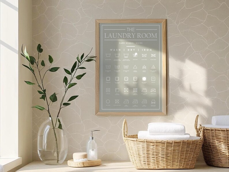 Peut inclure: Une affiche murale encadr&eacute;e intitul&eacute;e THE LAUNDRY ROOM pr&eacute;sentant un guide des symboles d'entretien en blanc sur fond vert sauge. L'affiche est dans un cadre en bois clair et affiche divers ic&ocirc;nes de lavage, s&eacute;chage et repassage en grille.