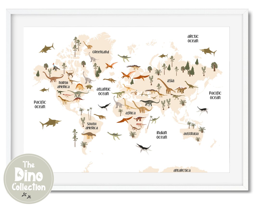 Dinosaur World Map Print, Kids Jurassic Nursery Decor - Etsy