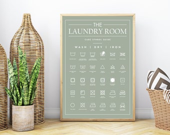May include: A sage green framed wall art print titled THE LAUNDRY ROOM CARE SYMBOL GUIDE. The poster features white text and a grid of laundry care icons categorized under WASH, DRY, and IRON, providing instructions for garment maintenance.