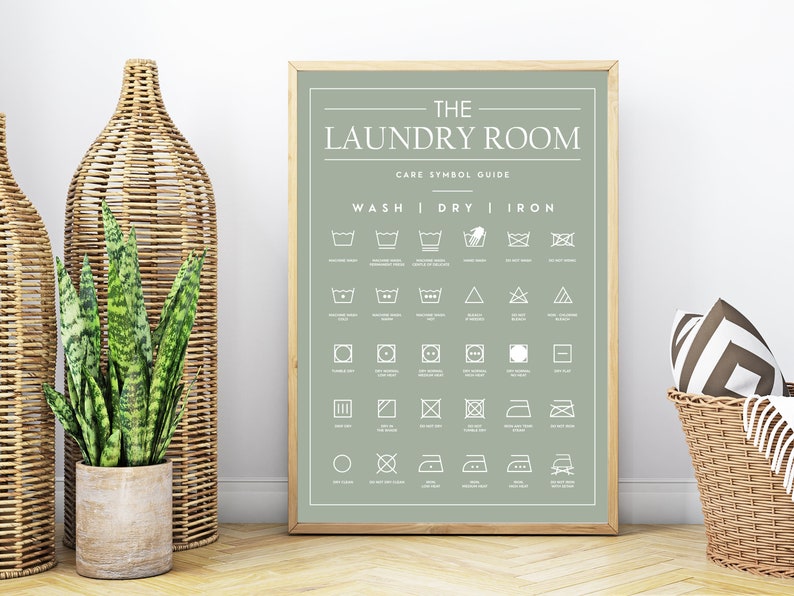 A green and white printable poster with the text "The Laundry Room Care Symbol Guide" and a chart of laundry care symbols for washing, drying, and ironing.