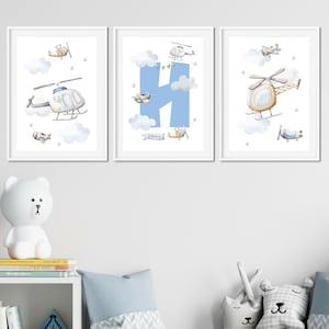 SET OF 3 Aeroplane Nursery Prints, Boys Bedroom, Helicopter, Kids Wall Art, Transport, Nursery Prints, Children's Bedroom, Boys Room Decor