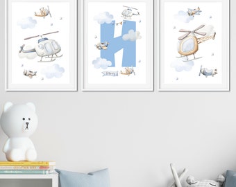 Aeroplane Helicopter Nursery Prints, Boys Bedroom Wall Art (Set of 3)