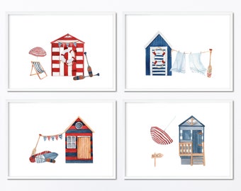 Set of 4, Beach Hut Prints, Beach Hut Wall Art, Coastal Print, Sea Side, Beach Prints, Seaside Wall Art, Surf, Deckchair, Nautical Posters