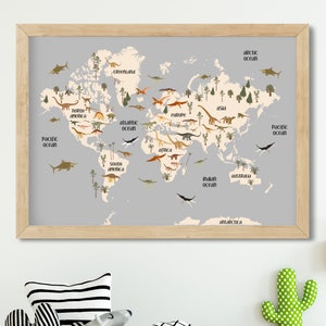 Dinosaurier Weltkarte, Jurassic Kinder Weltkarte, Dinosaurier Weltkarte, Dinosaurier Schlafzimmer, A3 Kinder Poster, Dinosaurier Kinderposter, 5 Farben