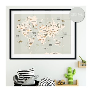 Mapa de dinosaurios IMPRIMIBLE en verde, mapa del mundo jurásico, impresión de dormitorio de dinosaurios para niños, decoración de la habitación de los niños, cartel del mapa de dinosaurios, arte de la pared de dinosaurios