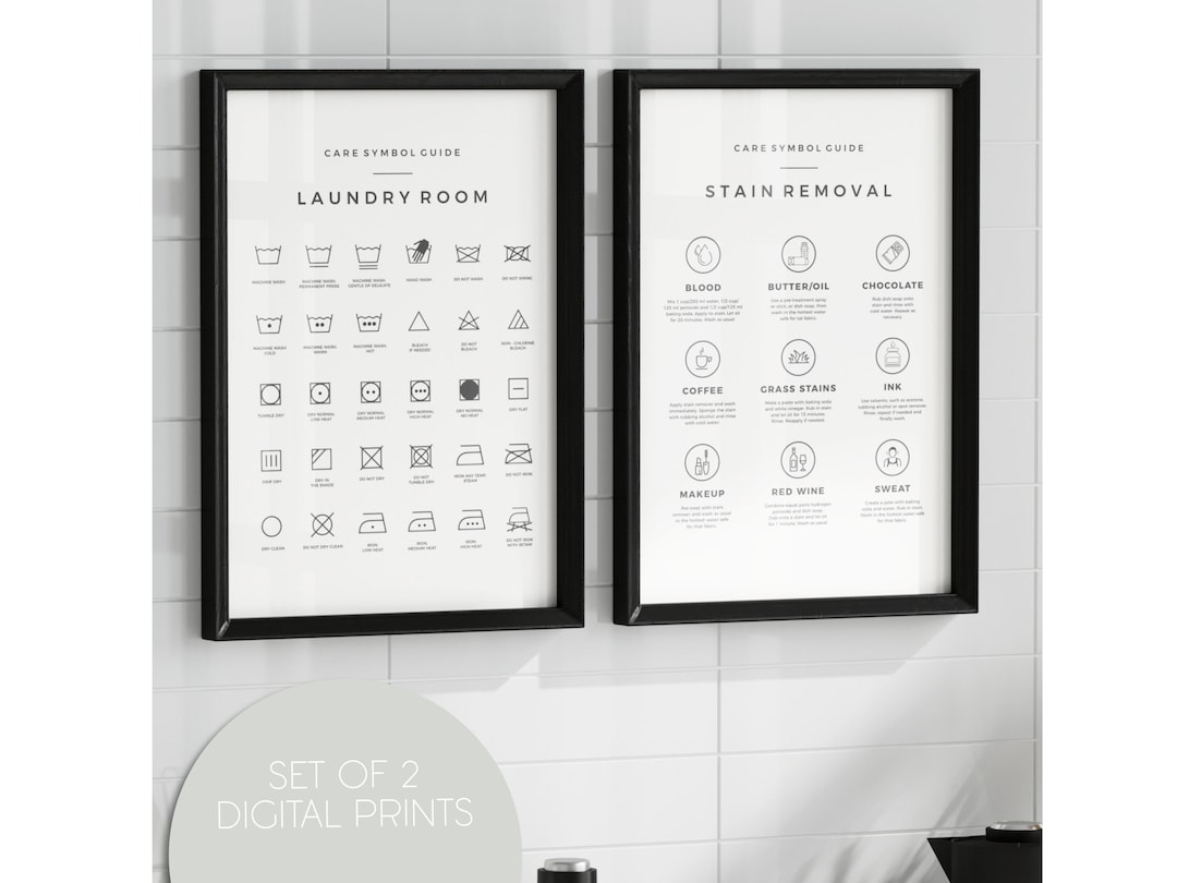 Laundry Guide Print Set | Laundry Symbol & Stain Removal Chart (digital ...