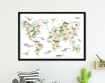 Dinosaur World Map, Kids World Map, Dinosaur Print, Dinosaur Wall Art, Boys Room Decor, Jurassic World Map, Kids Bedroom Dinosaur Poster