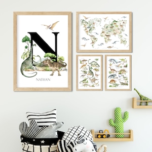 Set Dinosaurier Drucke, Dinosaurier-Kinderzimmer Dekor, A bis Z der Dinosaurier, Kinder Weltkarte, Mix & Match, Jungenzimmer, Drucke für Jungen, Dinosaurier-Dekor