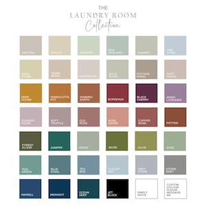 Colour palette for the laundry room print collection featuring soft neutrals and earthy tones to vibrant deep hues to suit all styles