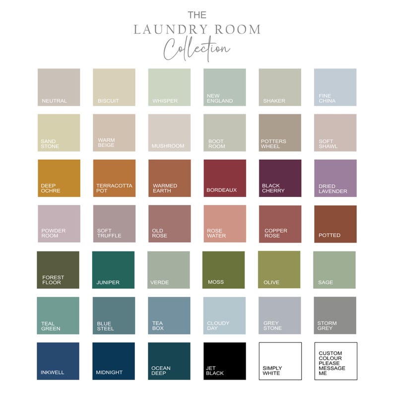 Colour palette for the laundry room print collection featuring soft neutrals and earthy tones to vibrant deep hues to suit all styles