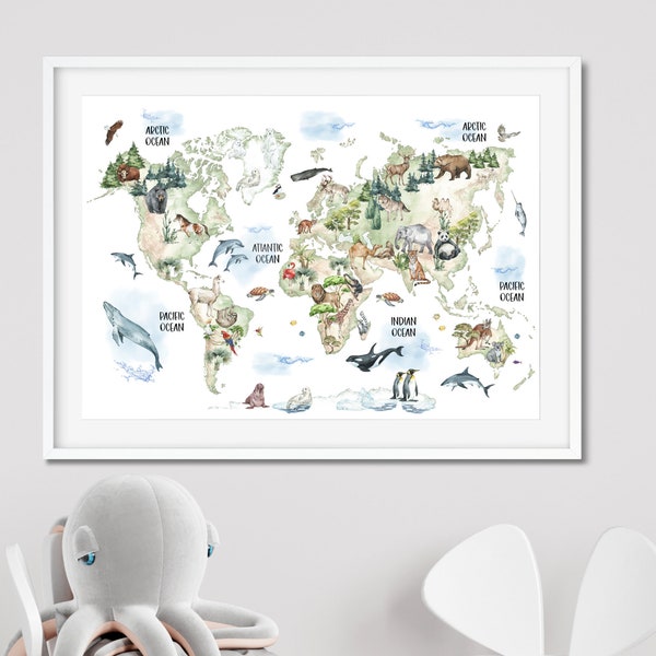 PRINTABLE, Kids Ocean World Map, Sea Life Ocean Print, Children's World Map, Animal World Map, Map Print, Sea Creatures, Educational Poster