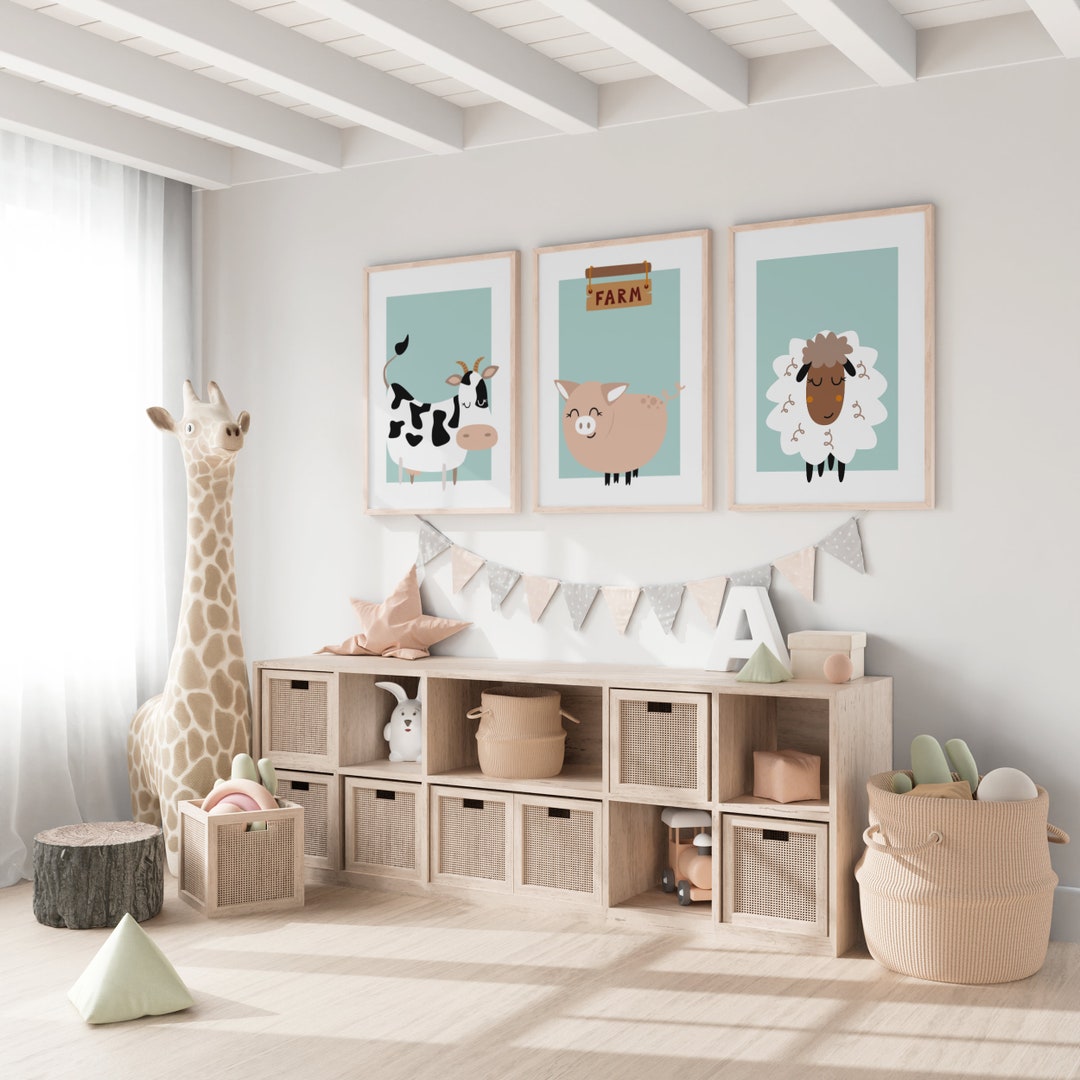 SET OF 3 Farm Animal Nursery Prints, Neutral Nursery Decor, Scandi ...