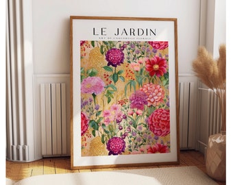 Le Jardin Print, Bright Vintage Floral Print, Bohemian Flower Wall Art, Watercolor Flower Print, Boho Floral Poster, Vintage Decor, DIGITAL