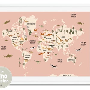 Dinosaur World Map, Dinosaur Bedroom, Jurassic World, Dinosaur Nursery, Children&#39;s World Map, Dinosaur Print, Playroom Print, Dinosaur Decor