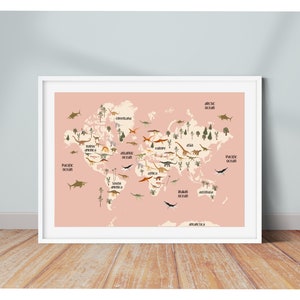 PRINTABLE Dinosaur Map in Pink, Jurassic World Map, Girls Dinosaur Decor, Kids World Map, Jurassic Decor for Girls, Girl Dinosaur Print