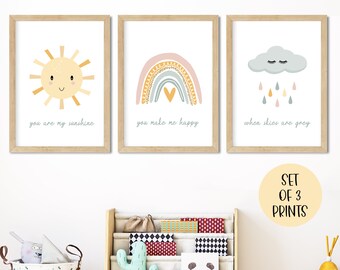 SET OF 3 Rainbow Nursery Prints, You are my Sunshine, Rainbow Nursery Wall Art, Sun, Clouds and Rainbows, Kids Bedroom, Weather Nursery Art