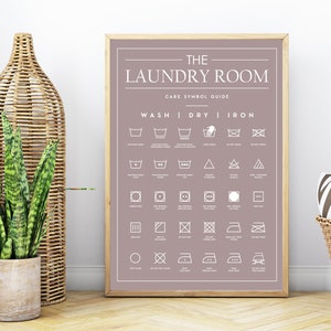 Peut inclure: Une affiche encadr&eacute;e sur fond mauve avec le texte blanc THE LAUNDRY ROOM CARE SYMBOL GUIDE. L'affiche pr&eacute;sente une grille d'ic&ocirc;nes blanches d'entretien du linge class&eacute;es sous les rubriques WASH, DRY et IRON.