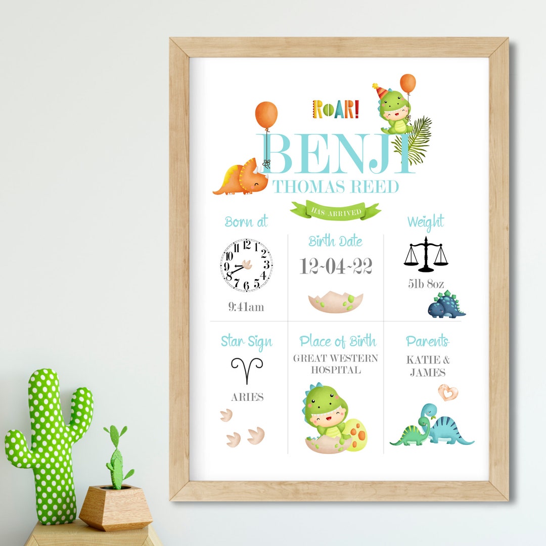 PERSONALISED Birth Details Print Dinosaur Nursery Print Newborn Gift ...