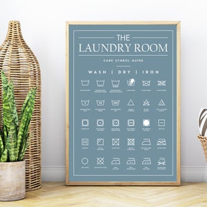 Peut inclure: Une affiche encadr&eacute;e sur fond bleu avec le texte blanc intitul&eacute; THE LAUNDRY ROOM CARE SYMBOL GUIDE. Le tableau pr&eacute;sente diverses ic&ocirc;nes de lessive pour le lavage, le s&eacute;chage et le repassage, chacune accompagn&eacute;e de sa signification en blanc.