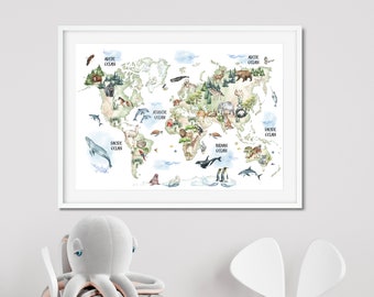Kids Animal World Map Print, Sea Life Nursery Decor