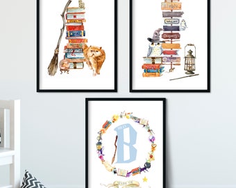 Wizard Nursery Prints, Set of 3, Watercolor Magic Wall Art (Unframed)