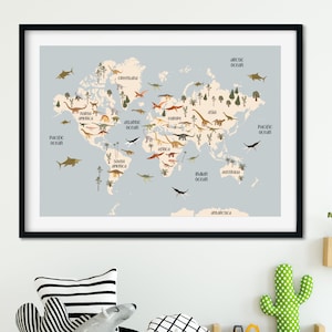 DRUCKBARE Dinosaurier Weltkarte, Blaue Jurassic Weltkarte, Jungen Dinosaurier Schlafzimmer Dekor, Kinder Weltkarte, Jurassic Thema Druck, Dinosaurier Wandkunst