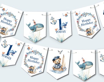 Vlaggenlijn eerste verjaardag, banner gelukkige eerste verjaardag, One Today-feestslinger, kinderfeestdecoratie, vlaggenlijn nautisch thema, babyjongen