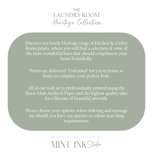 Peut inclure: Un graphique rectangulaire vert sauge aux coins arrondis avec du texte blanc. Le texte indique : THE LAUNDRY ROOM Heritage Collection, suivi d'informations sur les impressions pour cuisine et buanderie, la livraison sans cadre, le papier d'archivage mat et les instructions de contact, se terminant par MINT INK Studio.