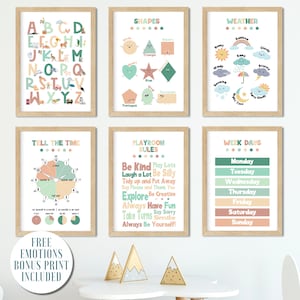 SET AUS 6 Lerndrucken + Freebie! Alphabet, Tage, Formen, Wetter, Zeit, Spielzimmerregeln, Montessori Drucke, Lernen zu Hause, Kinderzimmerdeko