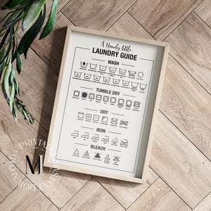 May include: A framed laundry guide print featuring black text and icons on a white background. The chart displays instructions for washing, tumble drying, drying, ironing, and bleaching with standard garment care symbols and labels in English.