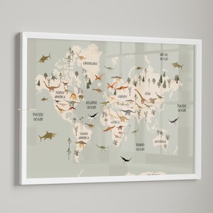 Dinosaurier Weltkarte, Kinderzimmer, Jurassic Weltkarte, Dinosaurier Dekor, Kinder Weltkarte, Jungenzimmer, Mädchenzimmer, Spielzimmer Druck, Salbei Grün Druck