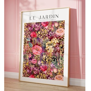 Le Jardin print, roze vintage bloemenprint, romantische vintage bloemenmuurkunst, bloementuin, vrouwelijke muurkunst, vintage decor, bloemenmarkt