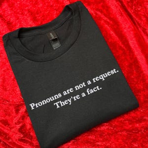 May include: Black t-shirt with the text "Pronouns are not a request. They're a fact." in white. The shirt is folded on a red velvet surface.