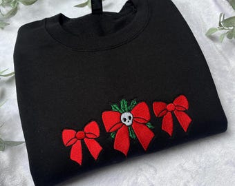 Skull Christmas Bow Embroidered Sweatshirt - Gothic Christmas Jumper