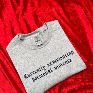 Könnte beinhalten: Ein meliertes graues T-Shirt mit dem Text "Currently experiencing hormonal violence" in dunkelblauer gotischer Schrift. Das T-Shirt ist auf einer roten Samtoberfläche gefaltet.