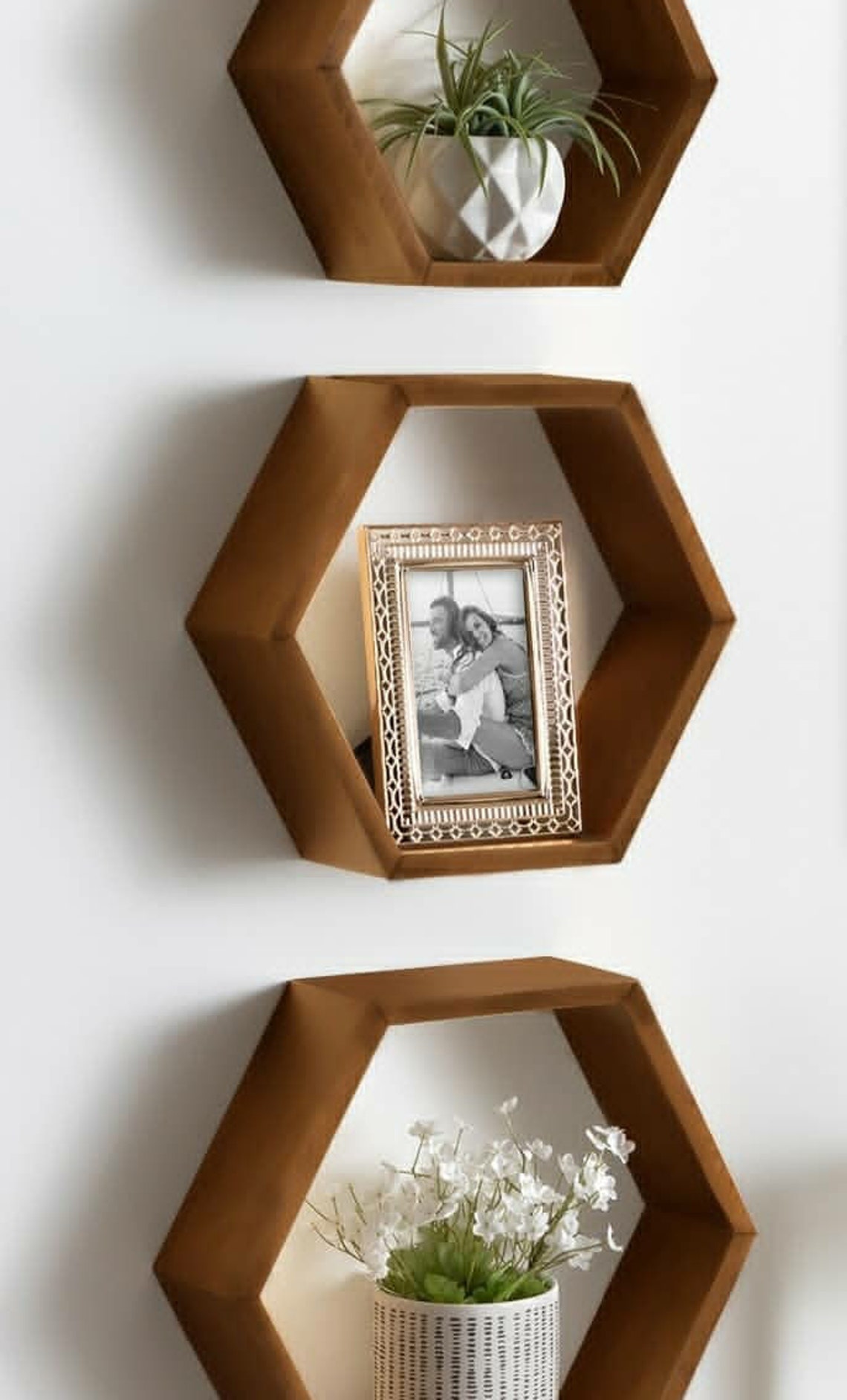Wooden hexagon shelf set Wall mounted decorative shelves Etsy