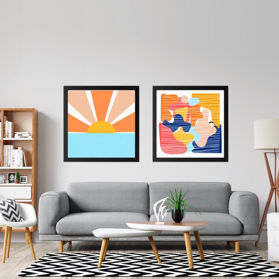 Mid Century Modern Wall Art Set: Abstract Sunburst Geometric