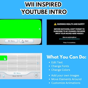 Op de afbeelding: Een groen scherm met een Wii-menu en een Start-knop. De tekst "WII INSPIRED YOUTUBE INTRO" staat bovenaan de afbeelding. Onder het groene scherm bevindt zich een tekstvak met de tekst "What You Can Do:" en een lijst met opsommingstekens: Tekst bewerken, Lettertypen wijzigen, Kleuren wijzigen, Eigen afbeeldingen toevoegen, Elementen verplaatsen, Animaties aanpassen.
