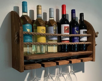 Handcrafted Rustic Wood Wine Rack: Wall Mounted Bar with Rope Detail