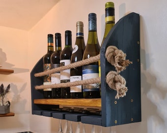 Wall Mounted Wine Bar Rack in blue with antique pine stain finish.  Ideal for Wine, Gin, Spirits, Champagne.  Choose from 4 to 6 glasses