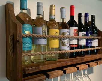 Wine Rack - Wall Mounted two-tier Handcrafted Rustic Wood Bar holds 8 bottles of Wine, Beer, Gin, Whisky, Vodka and 5 wine glasses