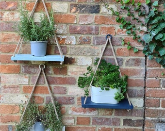 Wooden hanging rope shelves painted in Blue, Off White and Green - Herb Plant Shelves Bathroom Kitchen Herb garden
