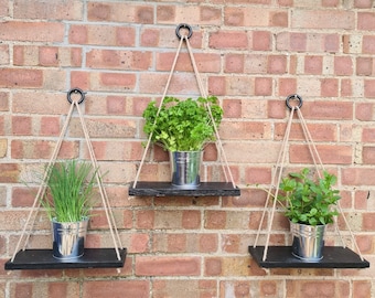 Black Wooden Hanging Rope Shelves: Indoor/Outdoor Plant Display