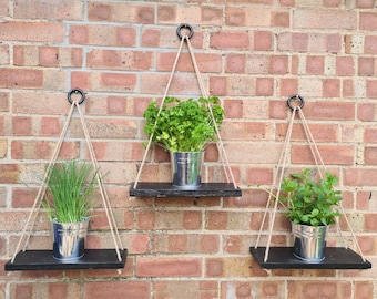 Black Wooden hanging rope shelves - Perfect for displaying Herbs and Plants outdoors or indoors with the new trend for indoor hanging plants