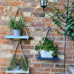 Wooden hanging rope shelves painted in Blue, Off White and Green - Herb Plant Shelves Bathroom Kitchen Herb garden