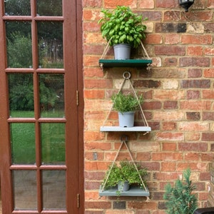 Rustic Painted hanging rope wooden shelves for the Garden Patio Kitchen Bathroom. Perfect for Herbs Plants Flowers trinkets Bubble Bath